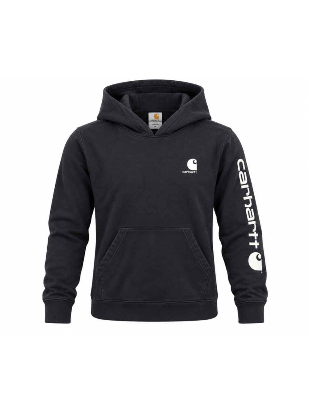 Carhartt Youth Black Pullover Hoodie Spellout Sleeve Logo Sweatshirt Sz L 14-16